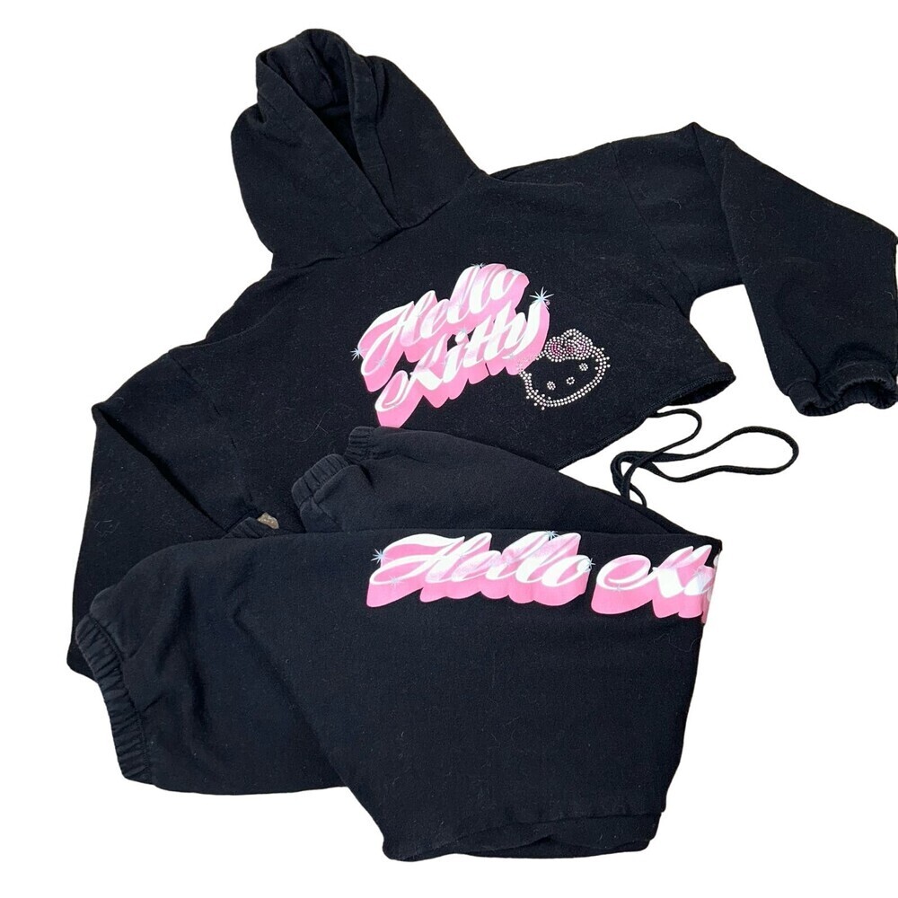 Hello Kitty sweatsuit cropped top and joggers rhinestone black/pink/solver SZ XS